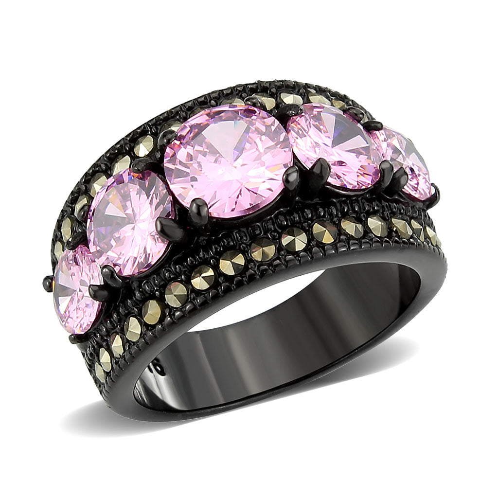 IP Black (Ion Plating) Stainless Steel Ring with AAA Grade CZ in Rose