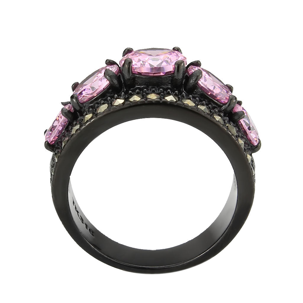 IP Black (Ion Plating) Stainless Steel Ring with AAA Grade CZ in Rose