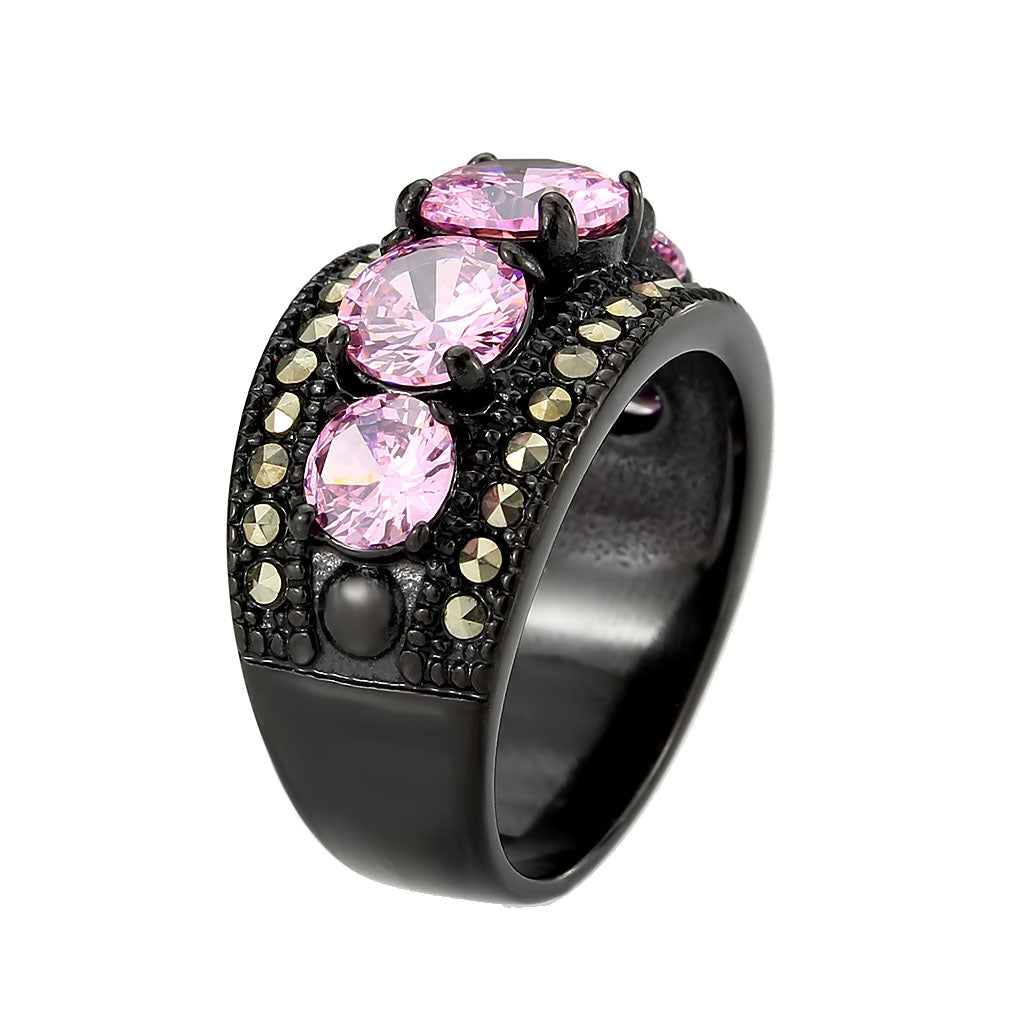 IP Black (Ion Plating) Stainless Steel Ring with AAA Grade CZ in Rose