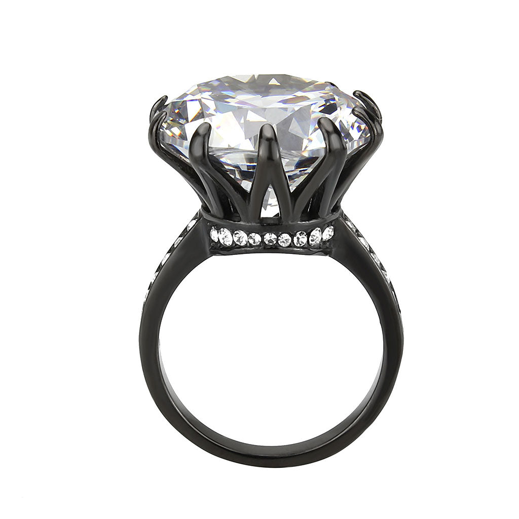 IP Black (Ion Plating) Stainless Steel Ring with AAA Grade CZ in Clear