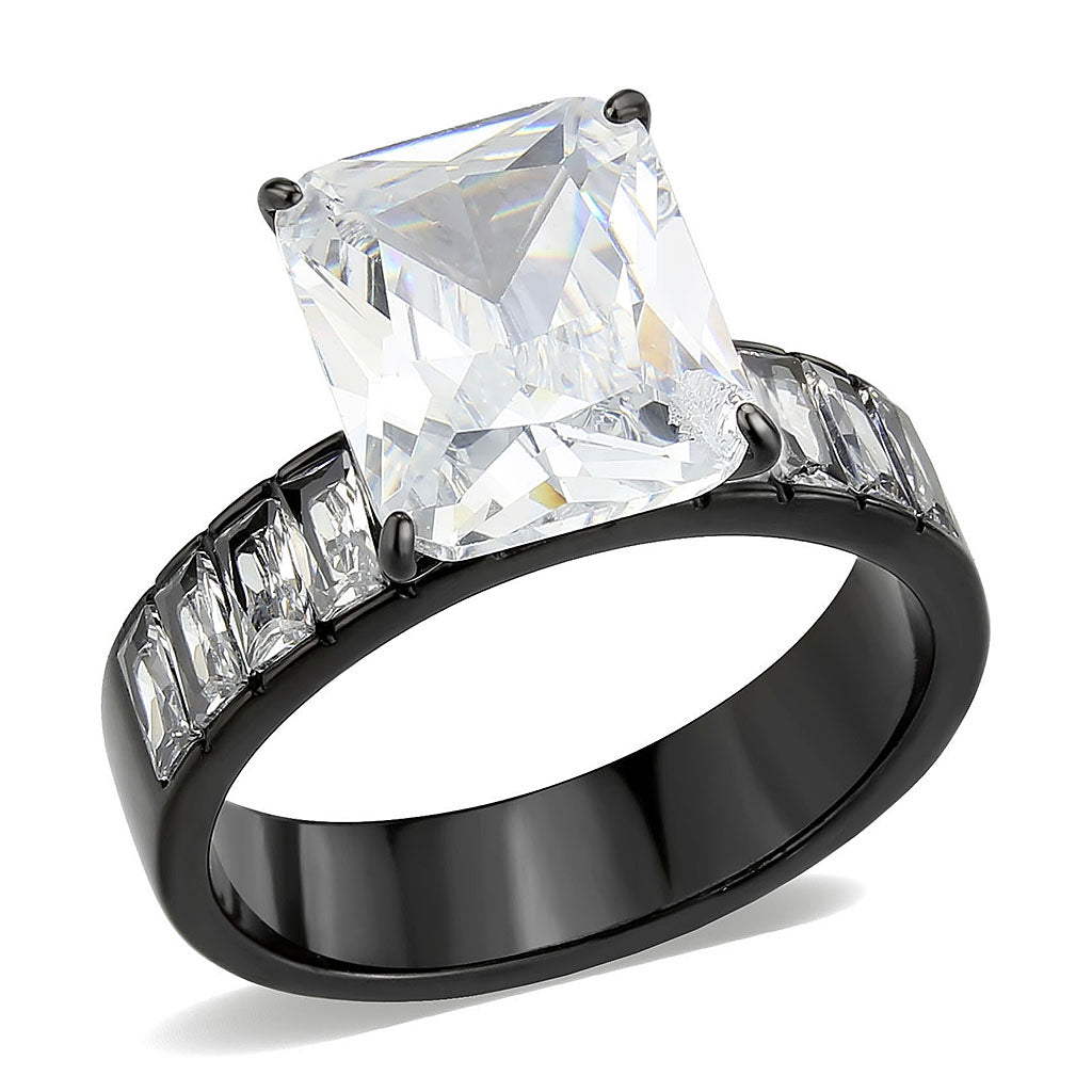 IP Black (Ion Plating) Stainless Steel Ring with AAA Grade CZ in Clear