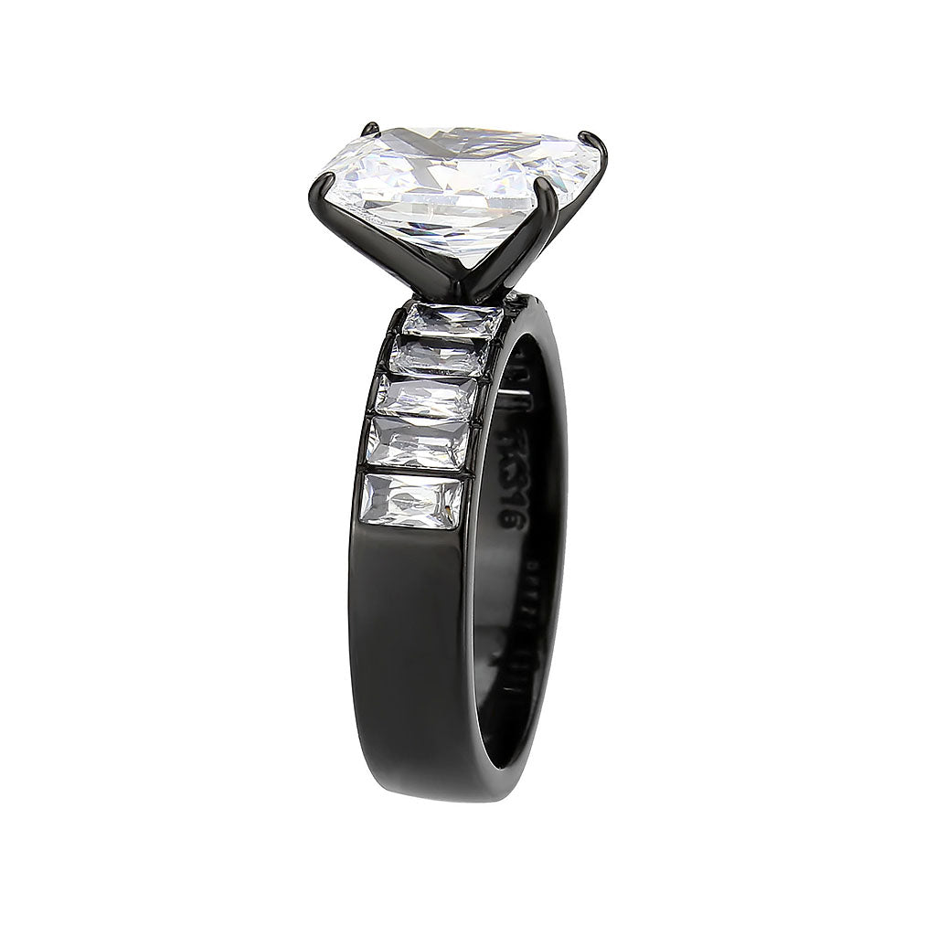 IP Black (Ion Plating) Stainless Steel Ring with AAA Grade CZ in Clear