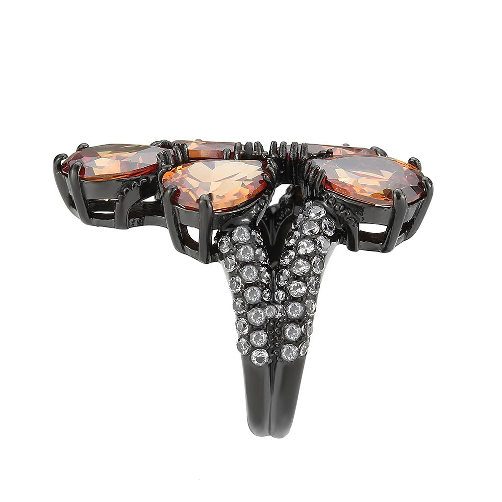 IP Black (Ion Plating) Stainless Steel Ring with AAA Grade CZ in Champagne