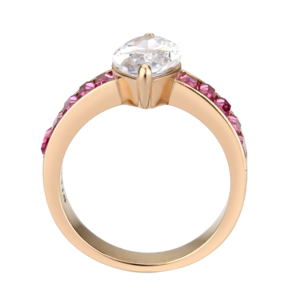 IP Rose Gold(Ion Plating) Stainless Steel Ring with AAA Grade CZ in Clear