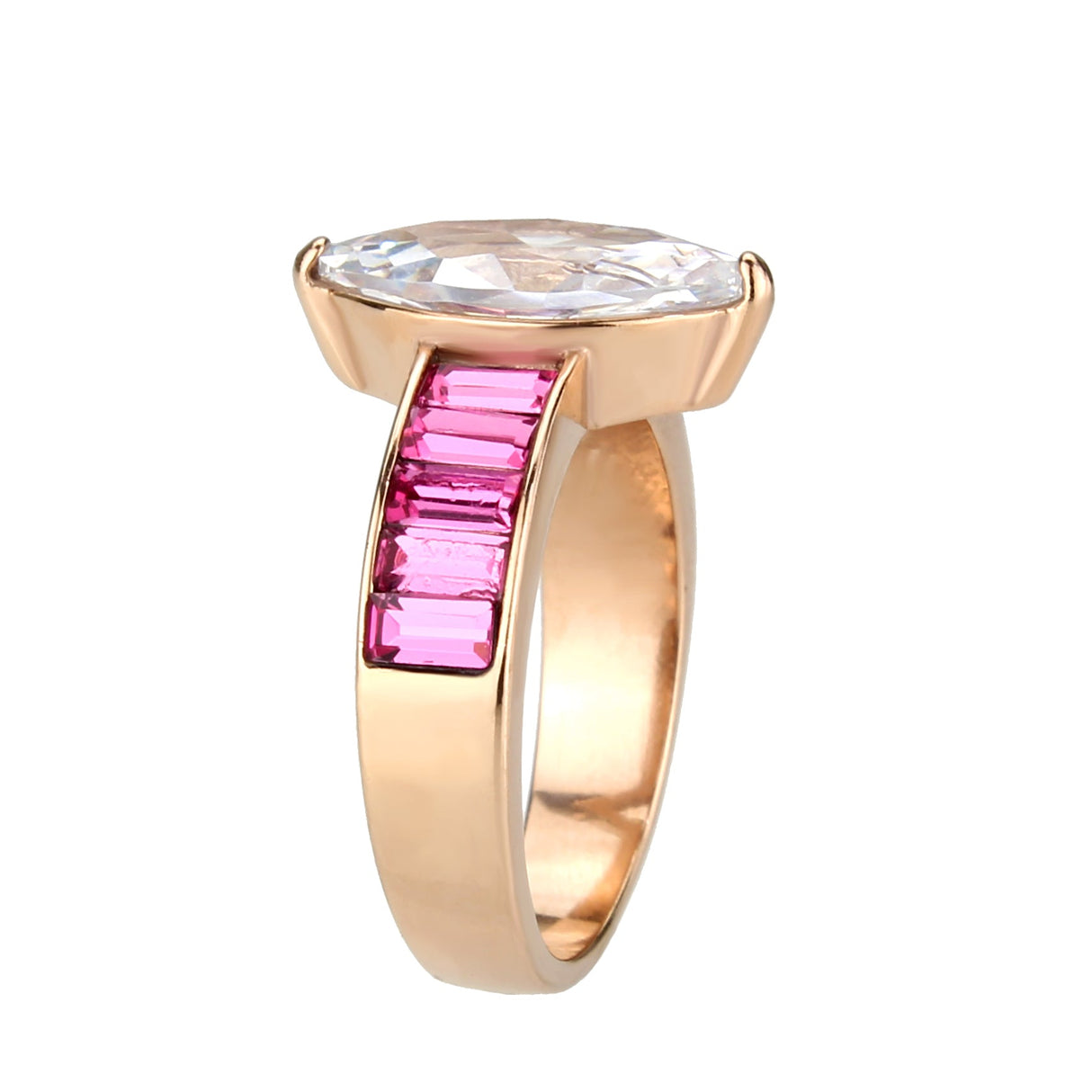 IP Rose Gold(Ion Plating) Stainless Steel Ring with AAA Grade CZ in Clear