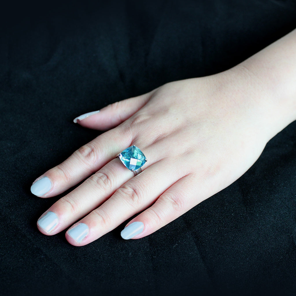 High polished (no plating) Stainless Steel Ring with Synthetic in SeaBlue