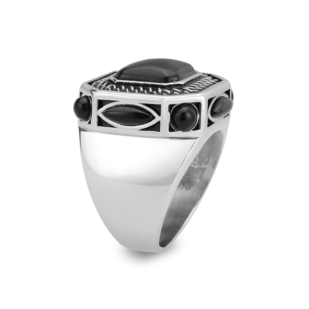 High polished (no plating) Stainless Steel Ring with Synthetic in Jet