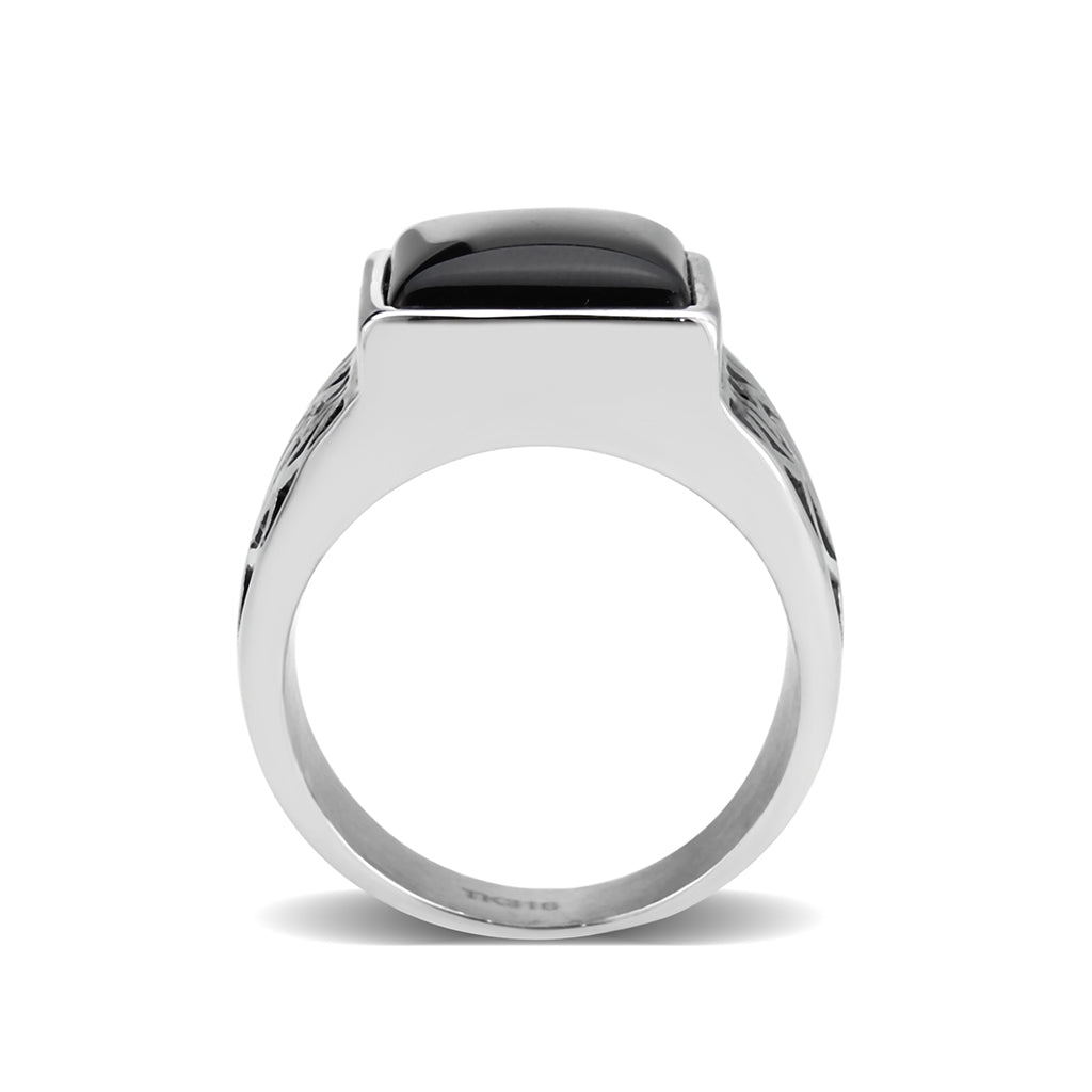 High polished (no plating) Stainless Steel Ring with Synthetic in Jet