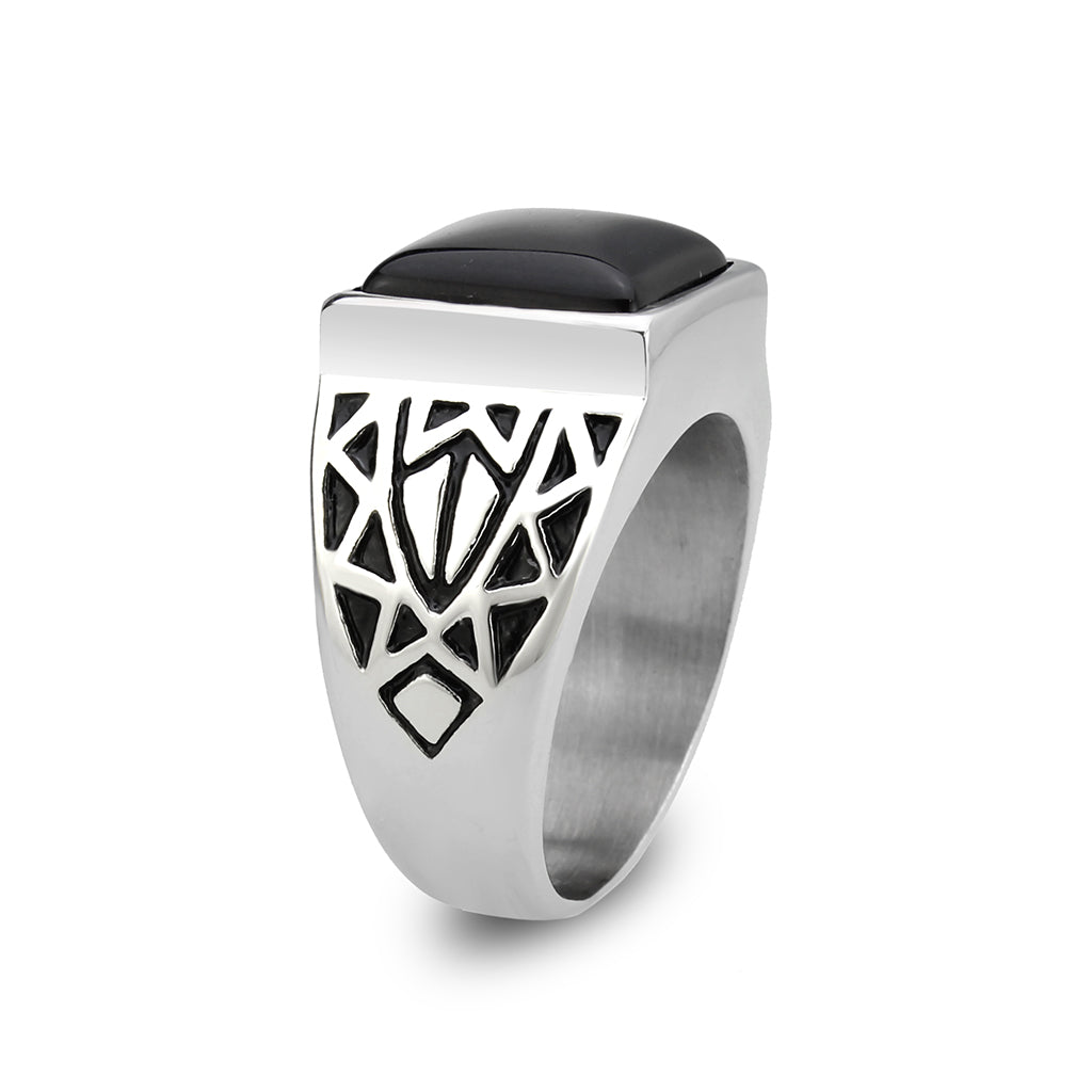 High polished (no plating) Stainless Steel Ring with Synthetic in Jet