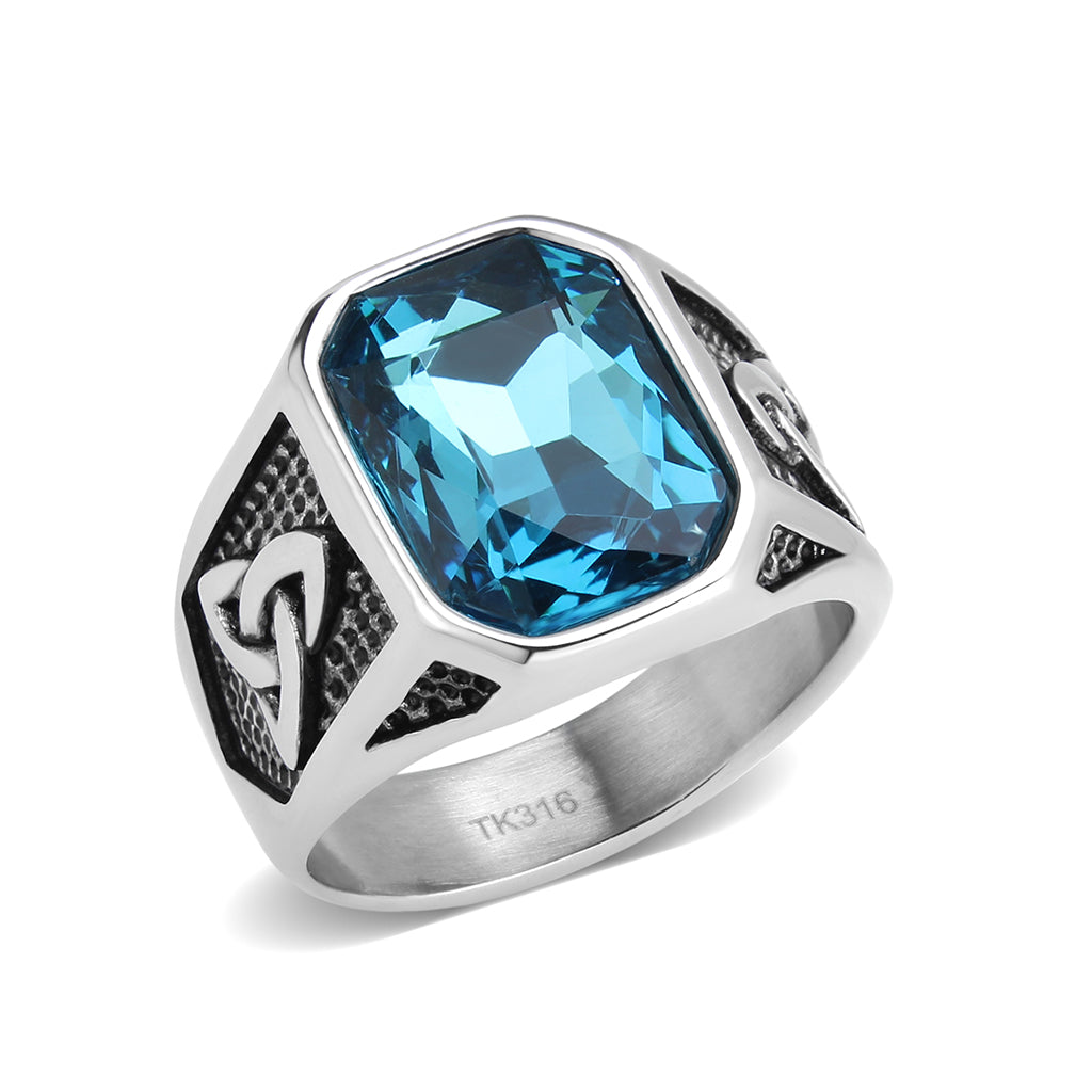 High polished (no plating) Stainless Steel Ring with Top Grade Crystal in SeaBlue