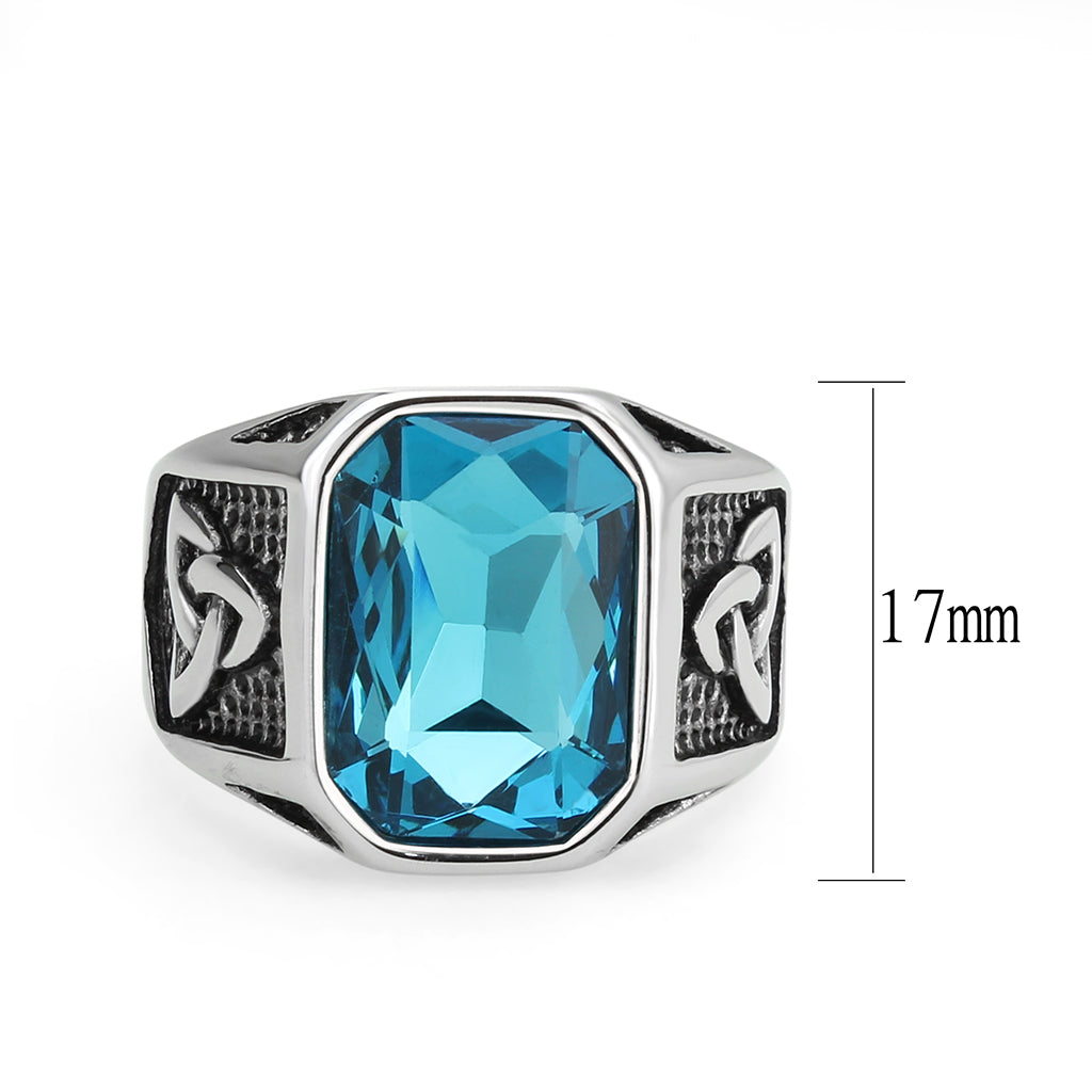 High polished (no plating) Stainless Steel Ring with Top Grade Crystal in SeaBlue