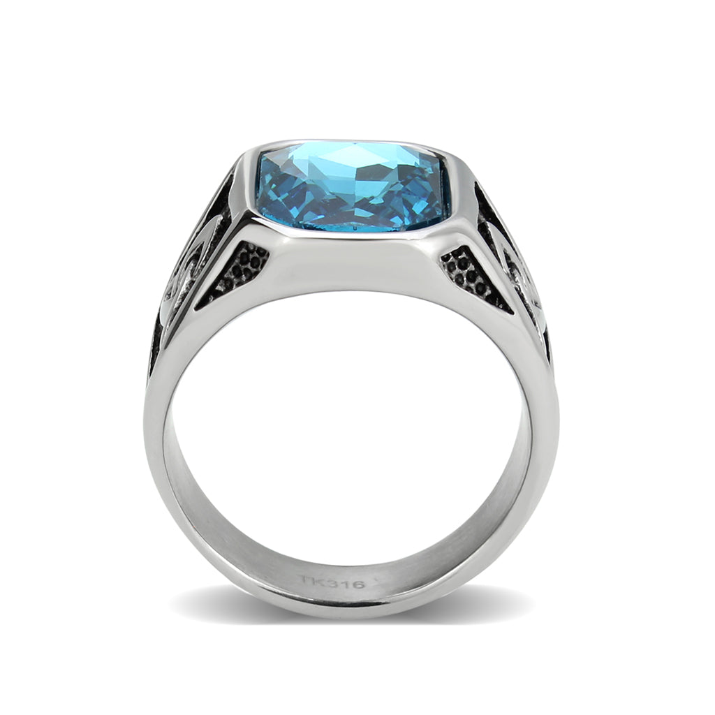 High polished (no plating) Stainless Steel Ring with Top Grade Crystal in SeaBlue