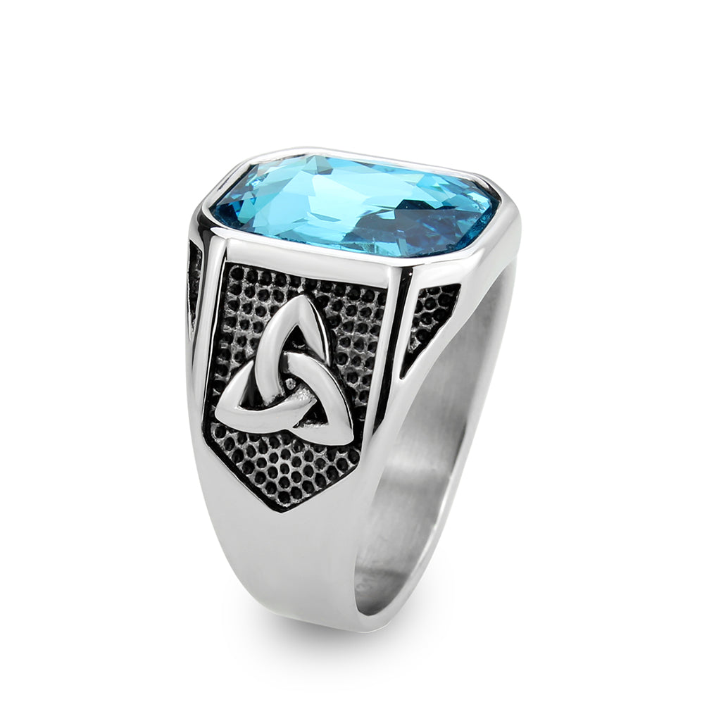 High polished (no plating) Stainless Steel Ring with Top Grade Crystal in SeaBlue