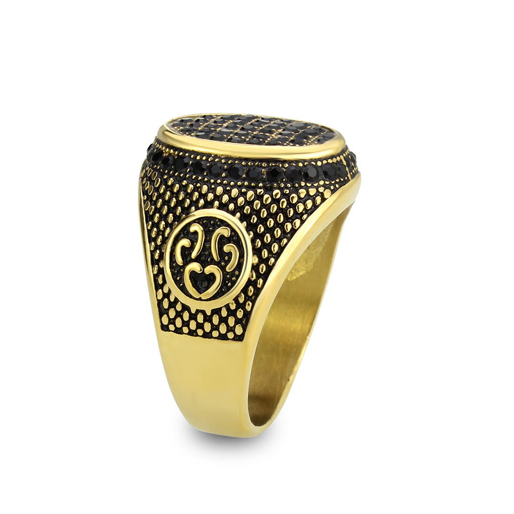IP Gold(Ion Plating) Stainless Steel Ring with AAA Grade CZ in Jet