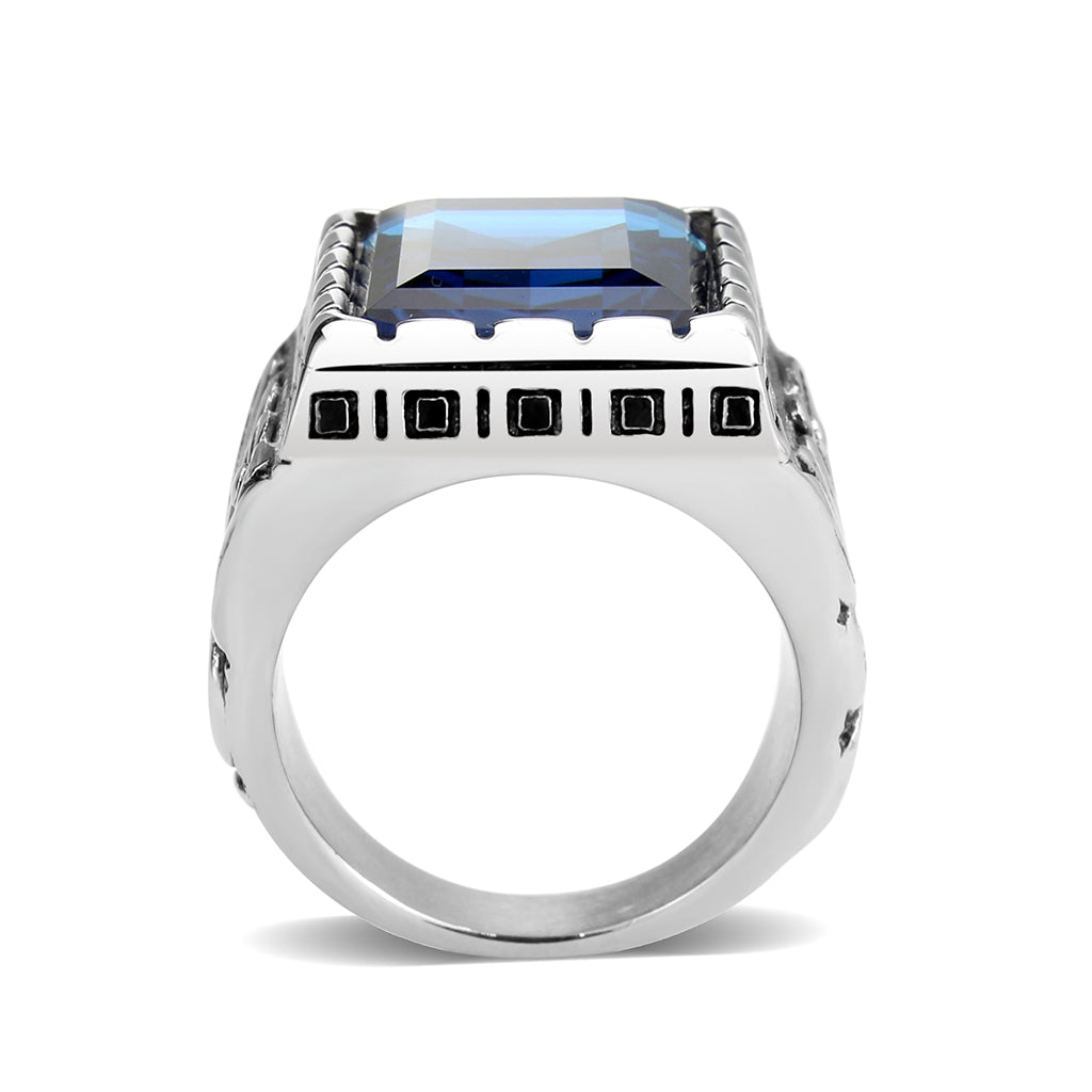 High polished (no plating) Stainless Steel Ring with Top Grade Crystal in Sapphire