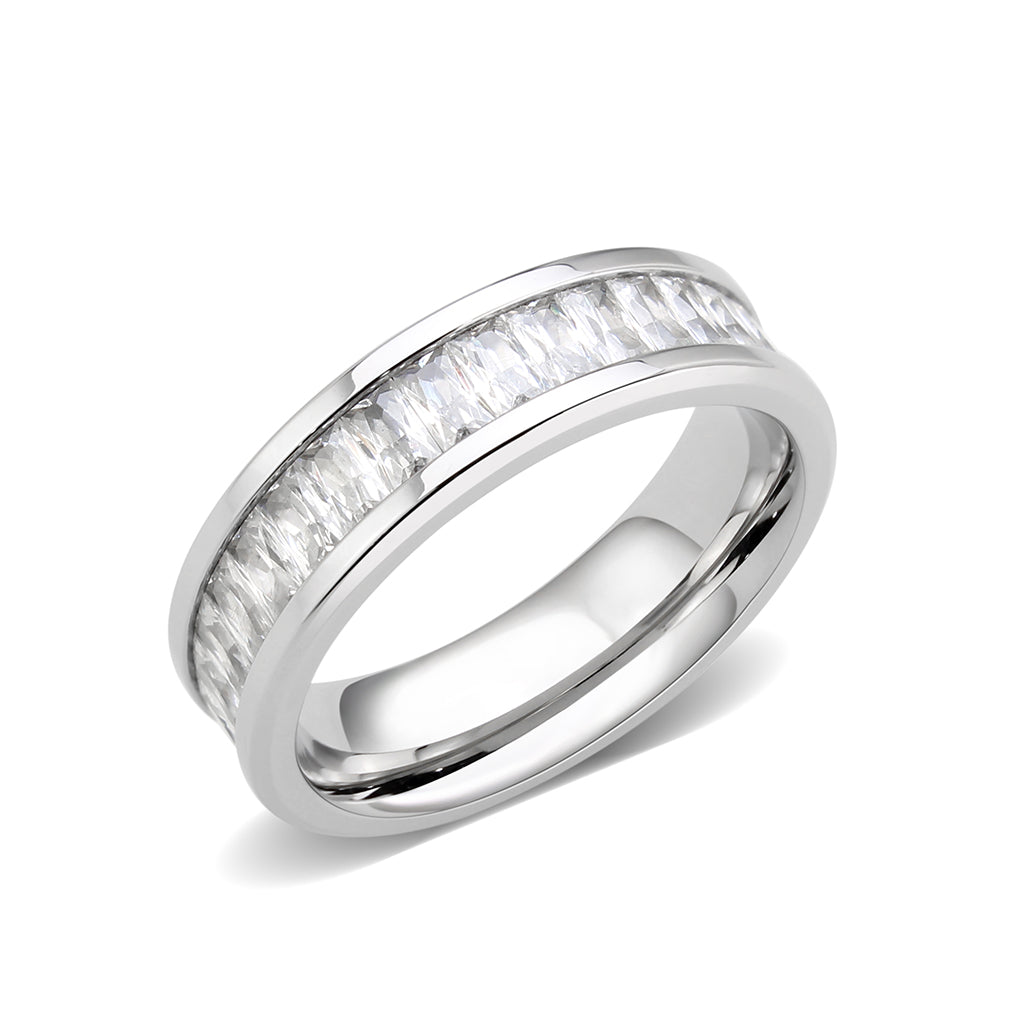 High polished (no plating) Stainless Steel Ring with AAA Grade CZ in Clear