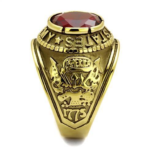 Gold-Plated Stainless Steel Army Ring with Siam Red Glass