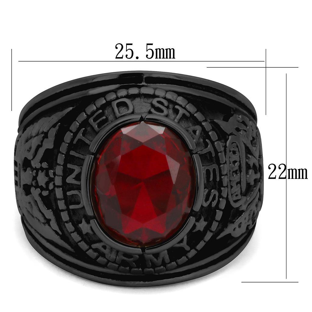 Black-Plated Stainless Steel Army Ring with Siam Red Glass