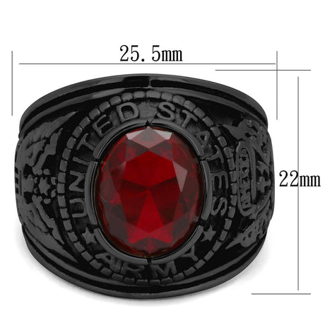 Black-Plated Stainless Steel Army Ring with Siam Red Glass