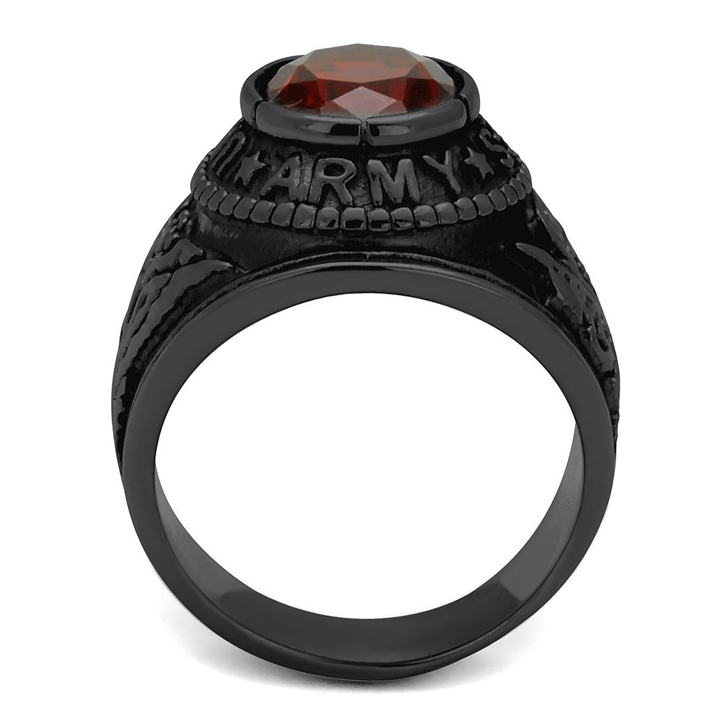 Black-Plated Stainless Steel Army Ring with Siam Red Glass