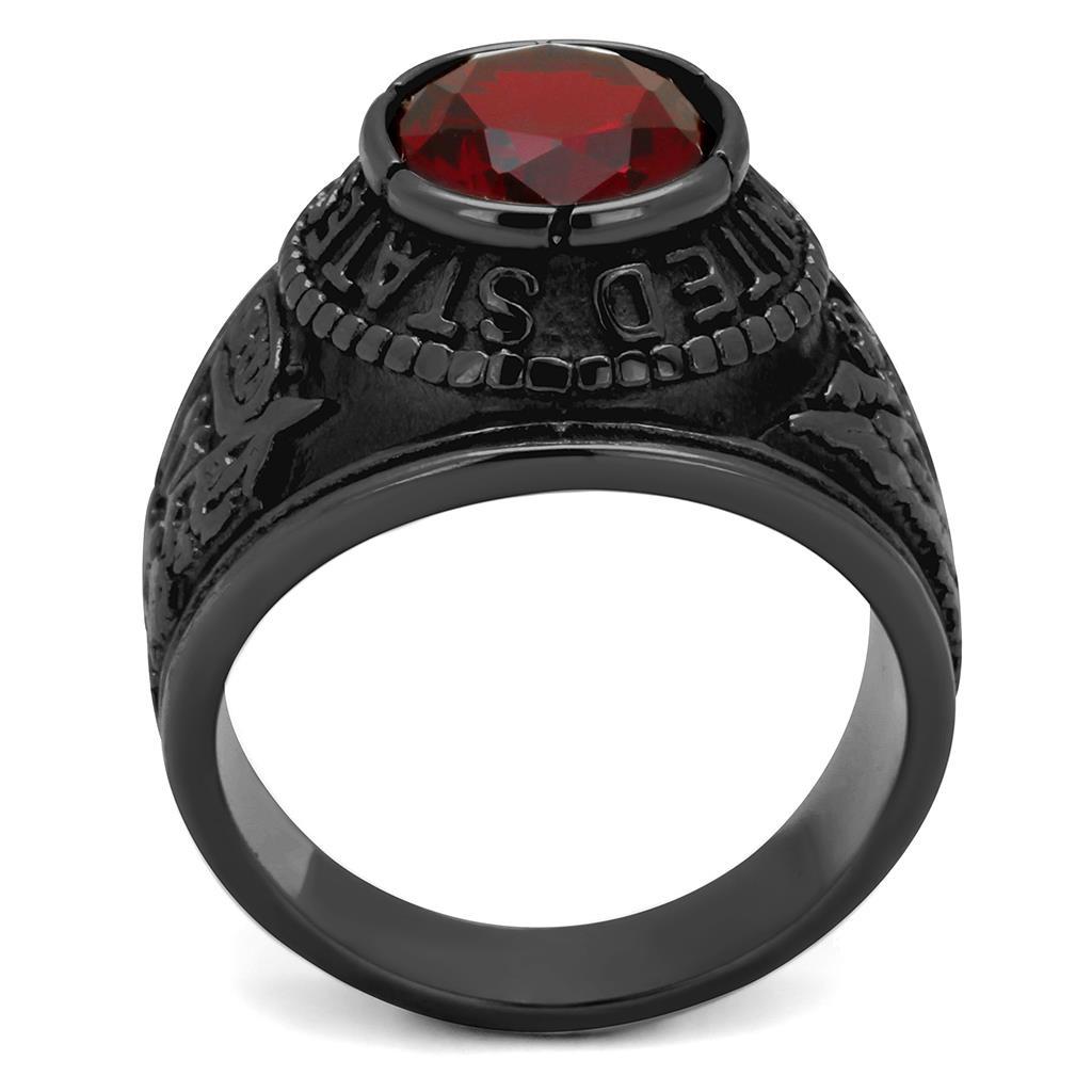 Black-Plated Stainless Steel Army Ring with Siam Red Glass
