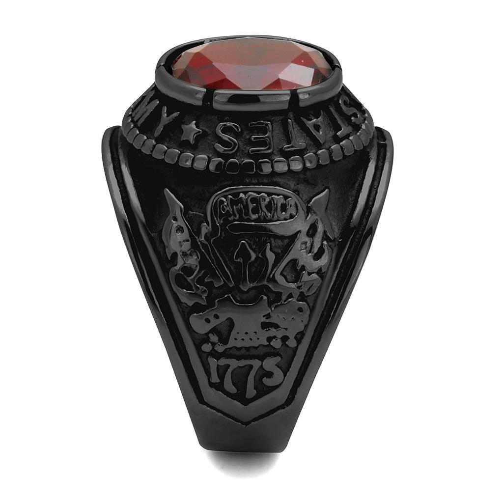 Black-Plated Stainless Steel Army Ring with Siam Red Glass