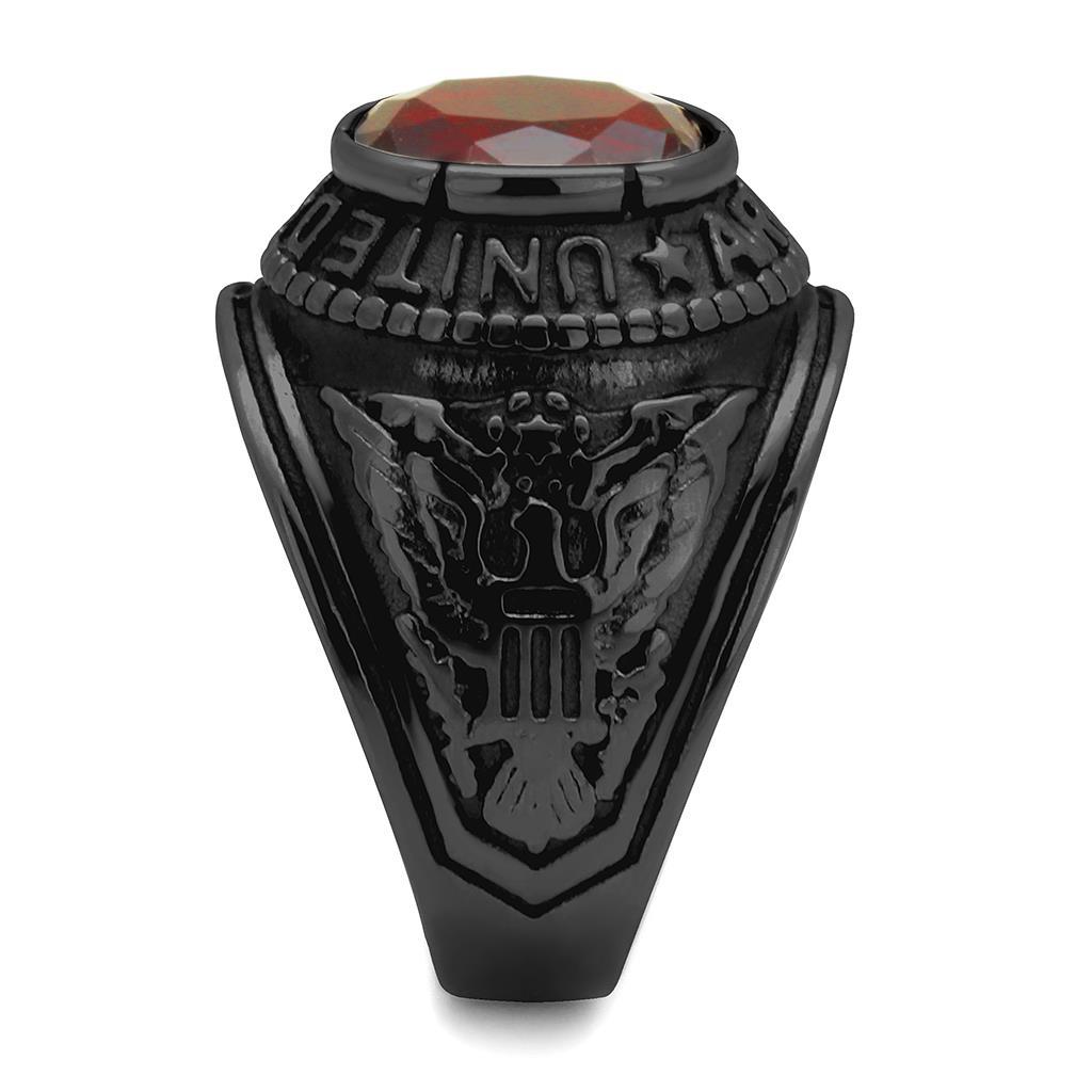 Black-Plated Stainless Steel Army Ring with Siam Red Glass