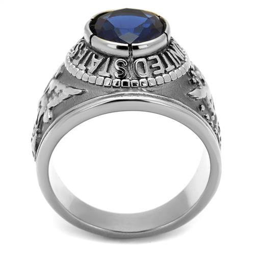 High-Polished Stainless Steel Air Force Ring with Sapphire Blue Glass