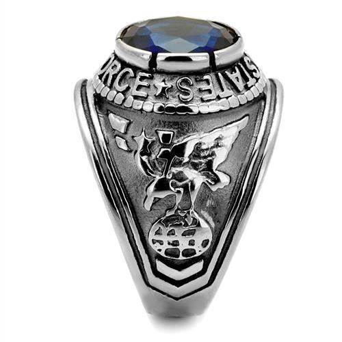 High-Polished Stainless Steel Air Force Ring with Sapphire Blue Glass