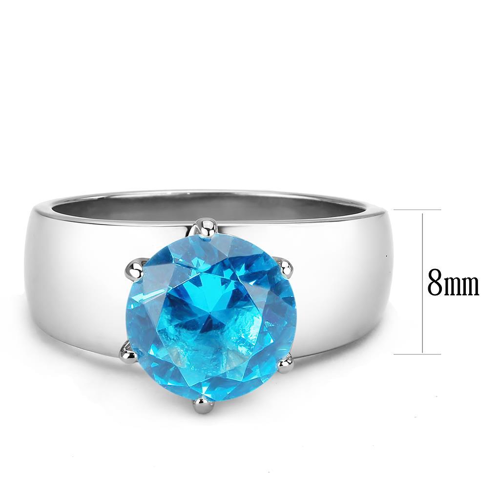 High polished (no plating) Stainless Steel Ring with Synthetic Synthetic Glass in Sea Blue