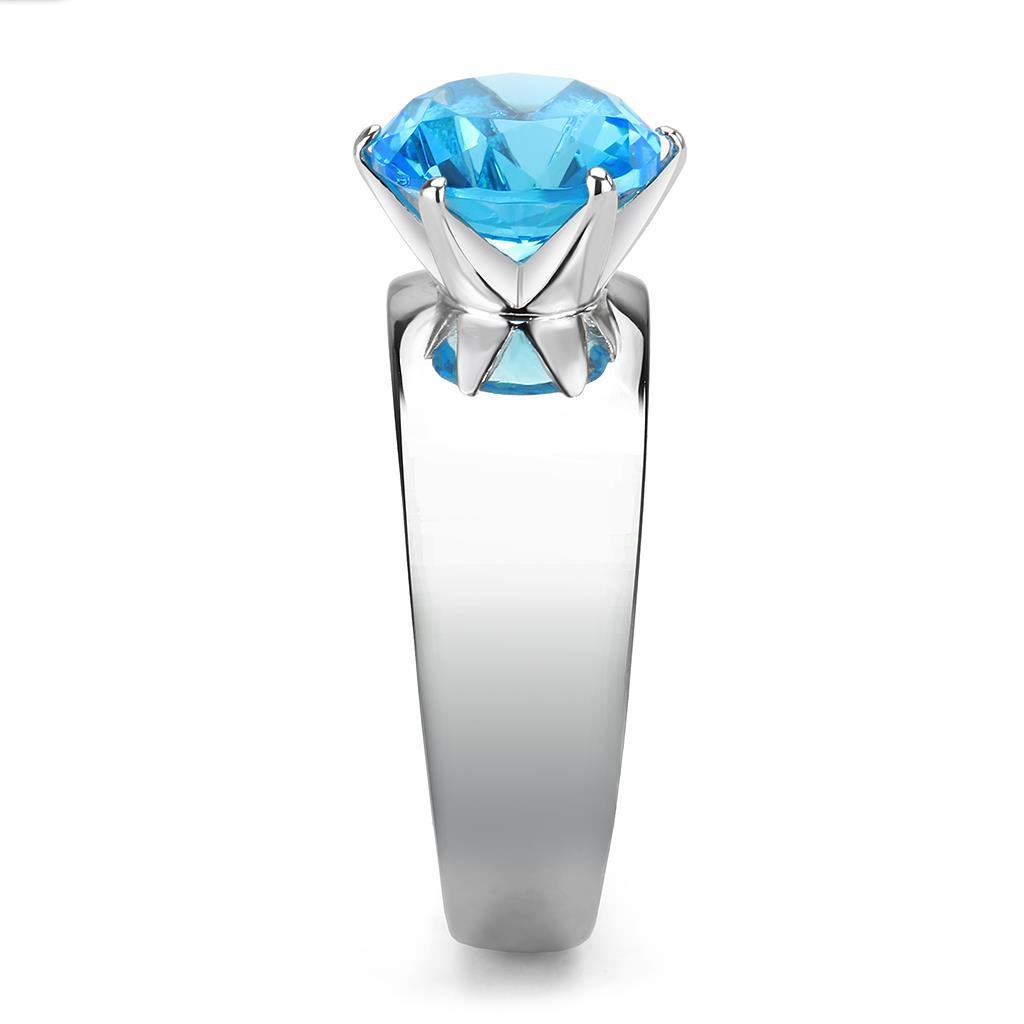 High polished (no plating) Stainless Steel Ring with Synthetic Synthetic Glass in Sea Blue