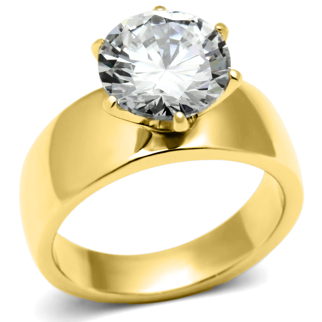 Ion Gold Plating Stainless Steel Ring with AAA Grade CZ in Clear