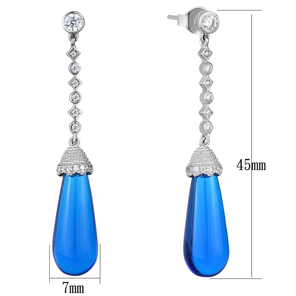 Rhodium 925 Sterling Silver Earrings with Synthetic Synthetic Glass in Capri Blue