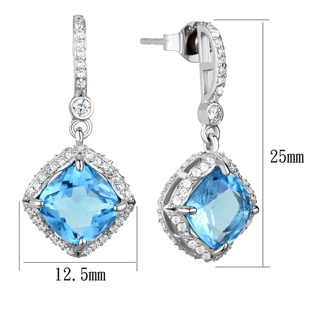 Rhodium 925 Sterling Silver Earrings with Synthetic Synthetic Glass in Sea Blue