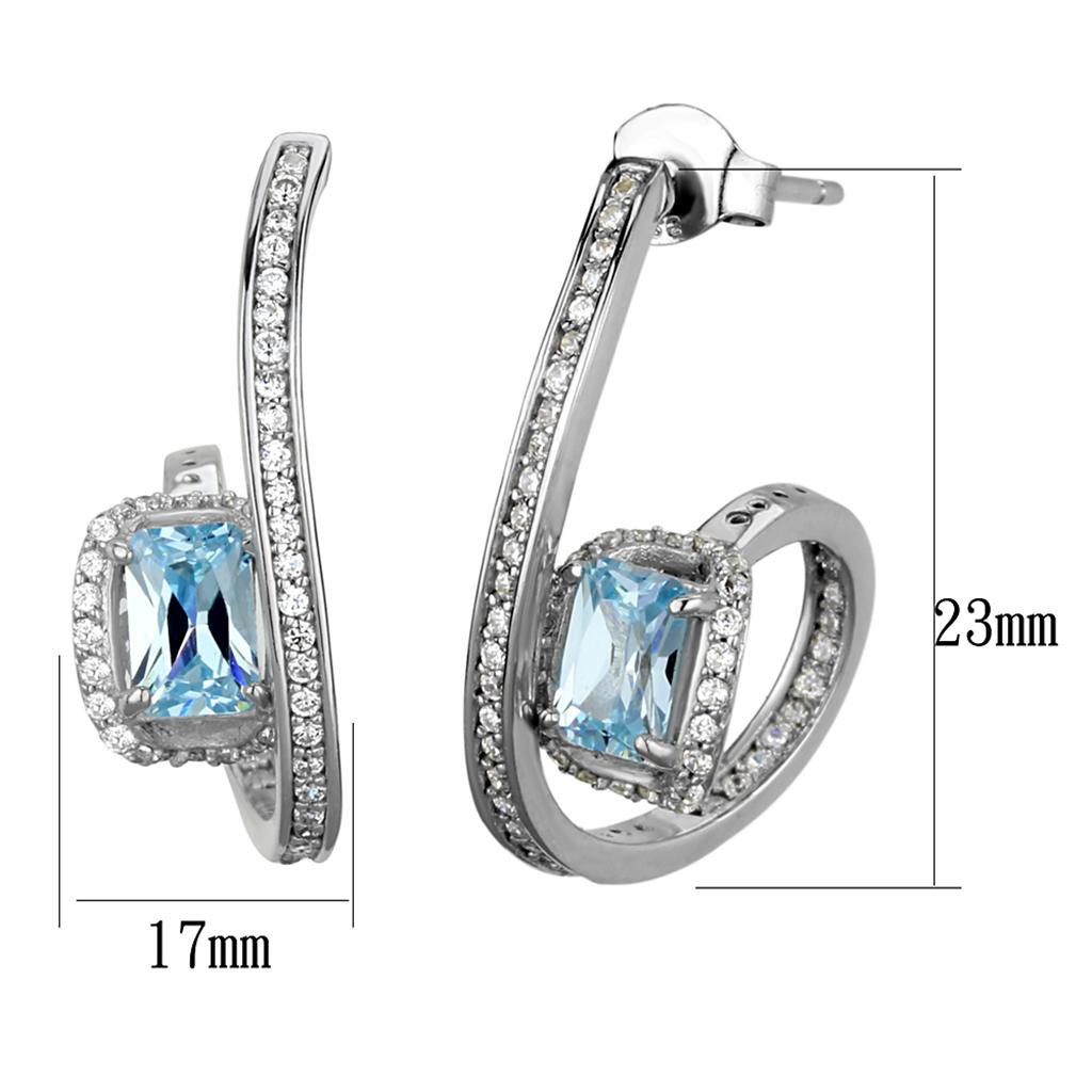 Rhodium 925 Sterling Silver Earrings with AAA Grade CZ in Sea Blue
