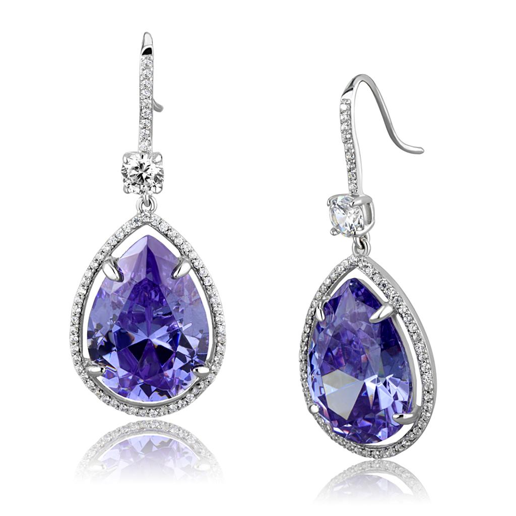 Rhodium 925 Sterling Silver Earrings with AAA Grade CZ in Light Amethyst