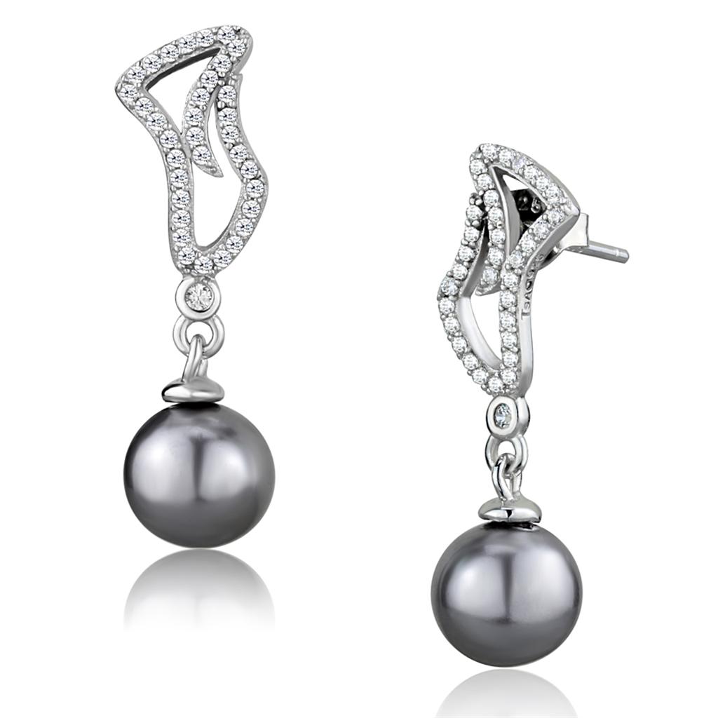Rhodium 925 Sterling Silver Earrings with Synthetic Pearl in Gray