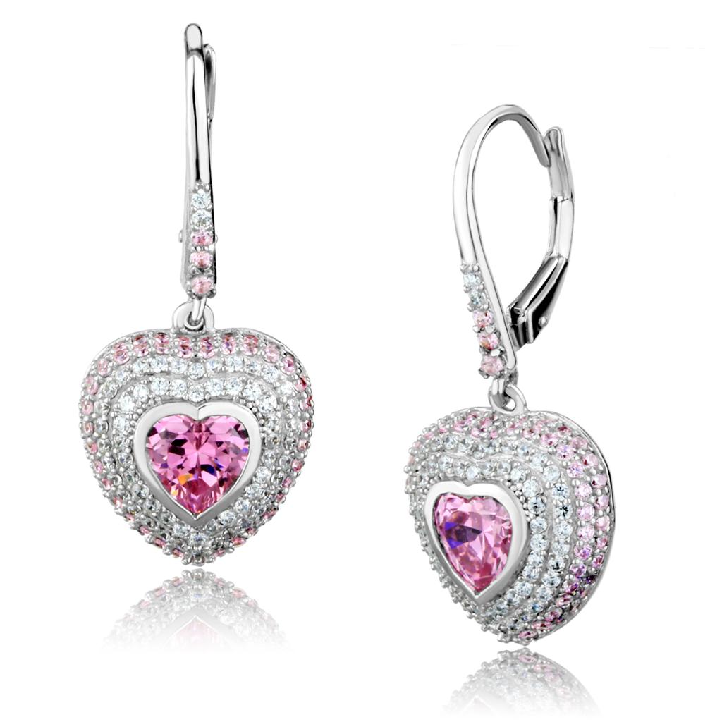 Rhodium 925 Sterling Silver Earrings with AAA Grade CZ in Rose