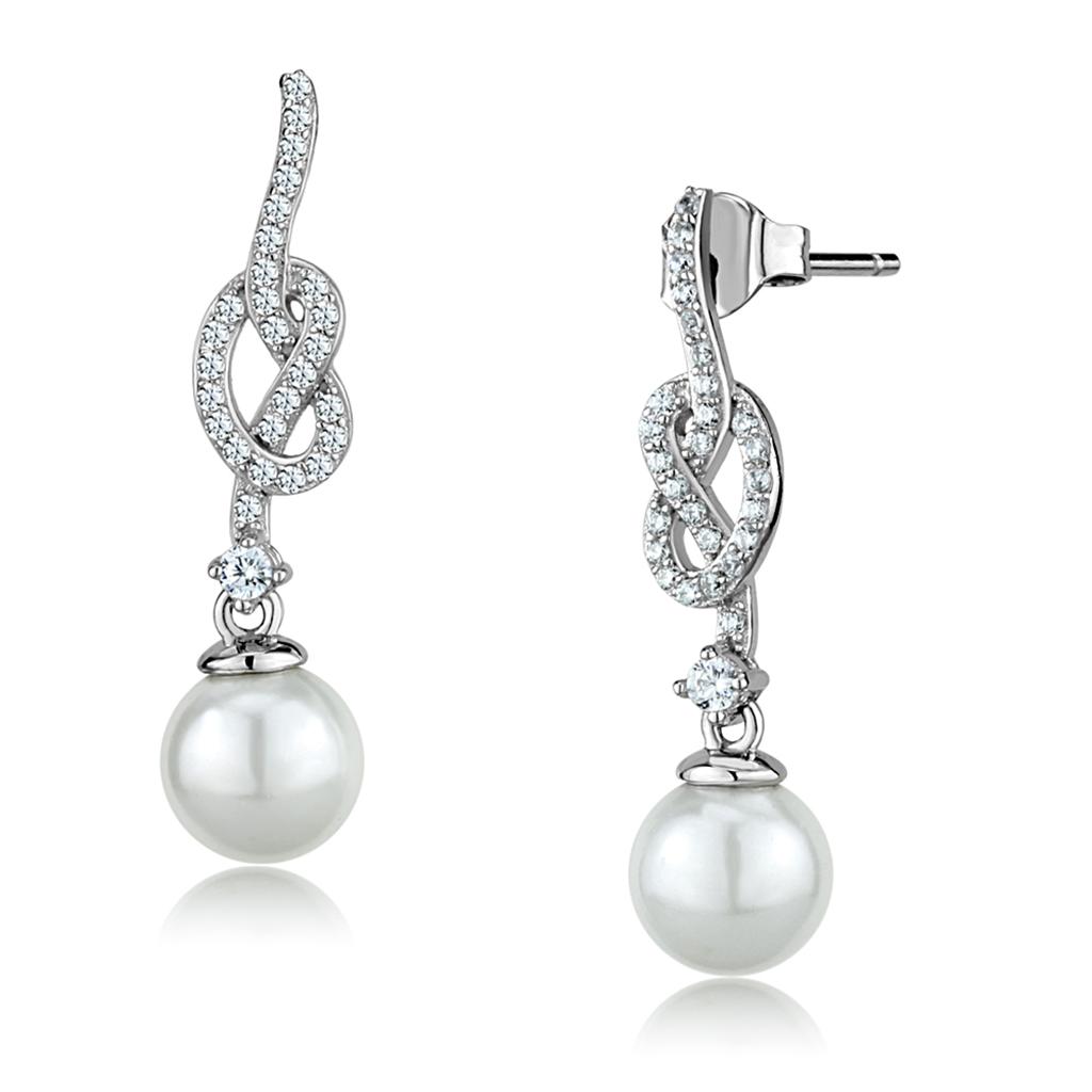Rhodium 925 Sterling Silver Earrings with Synthetic Glass Bead in White