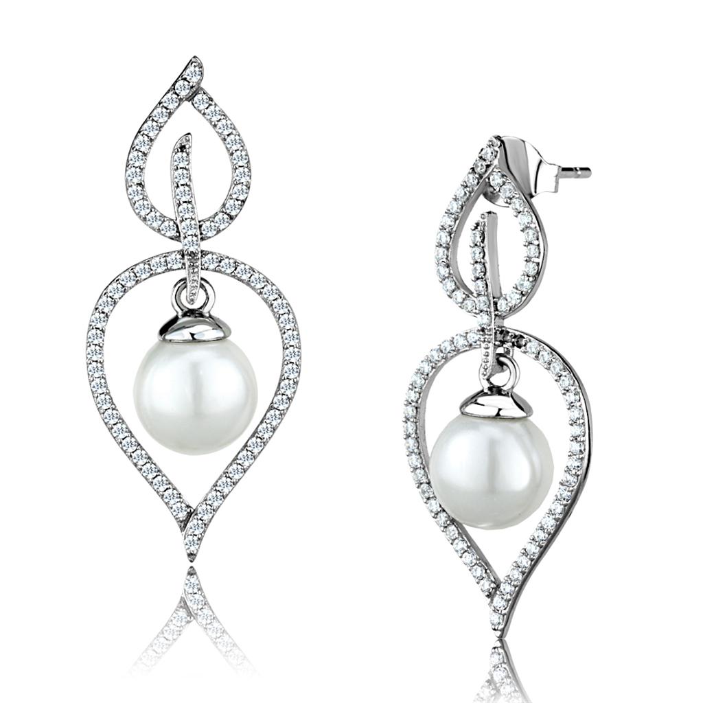 Rhodium 925 Sterling Silver Earrings with Semi-Precious Glass Bead in White