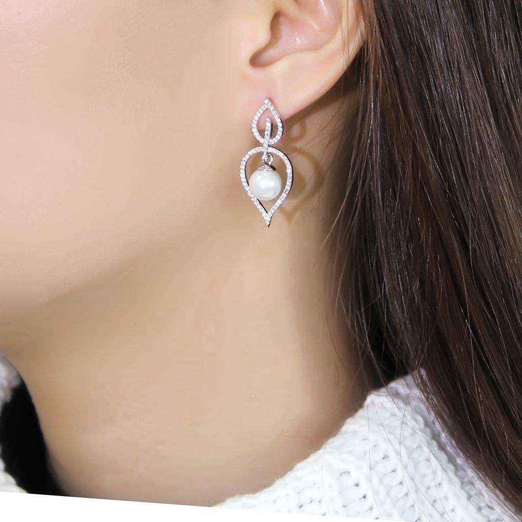 Rhodium 925 Sterling Silver Earrings with Semi-Precious Glass Bead in White