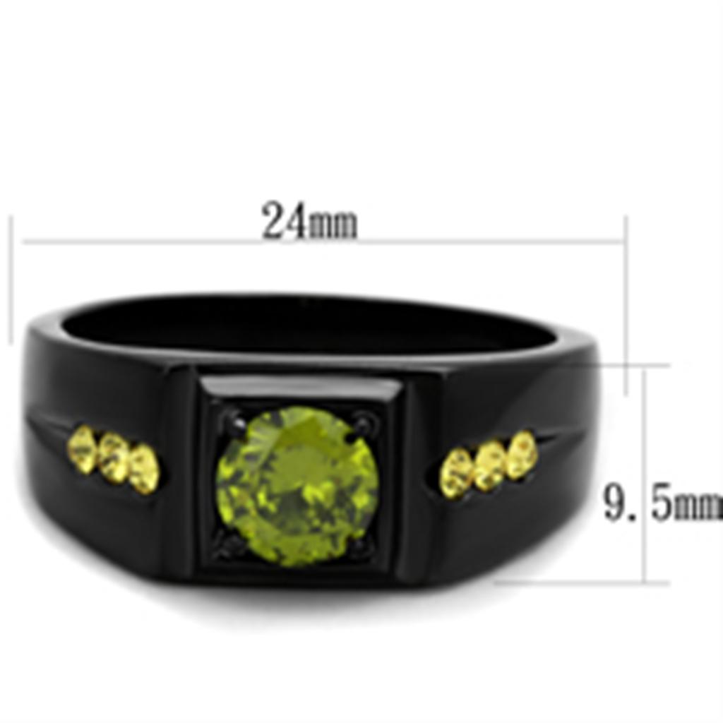 IP Black(Ion Plating) Stainless Steel Ring with AAA Grade CZ in Olivine color