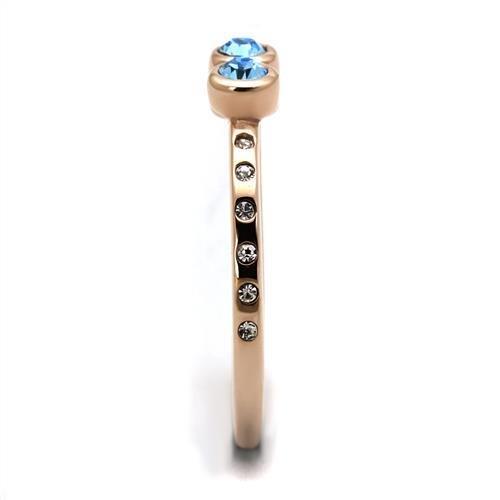 IP Rose Gold(Ion Plating) Stainless Steel Ring with Top Grade Crystal  in Sea Blue