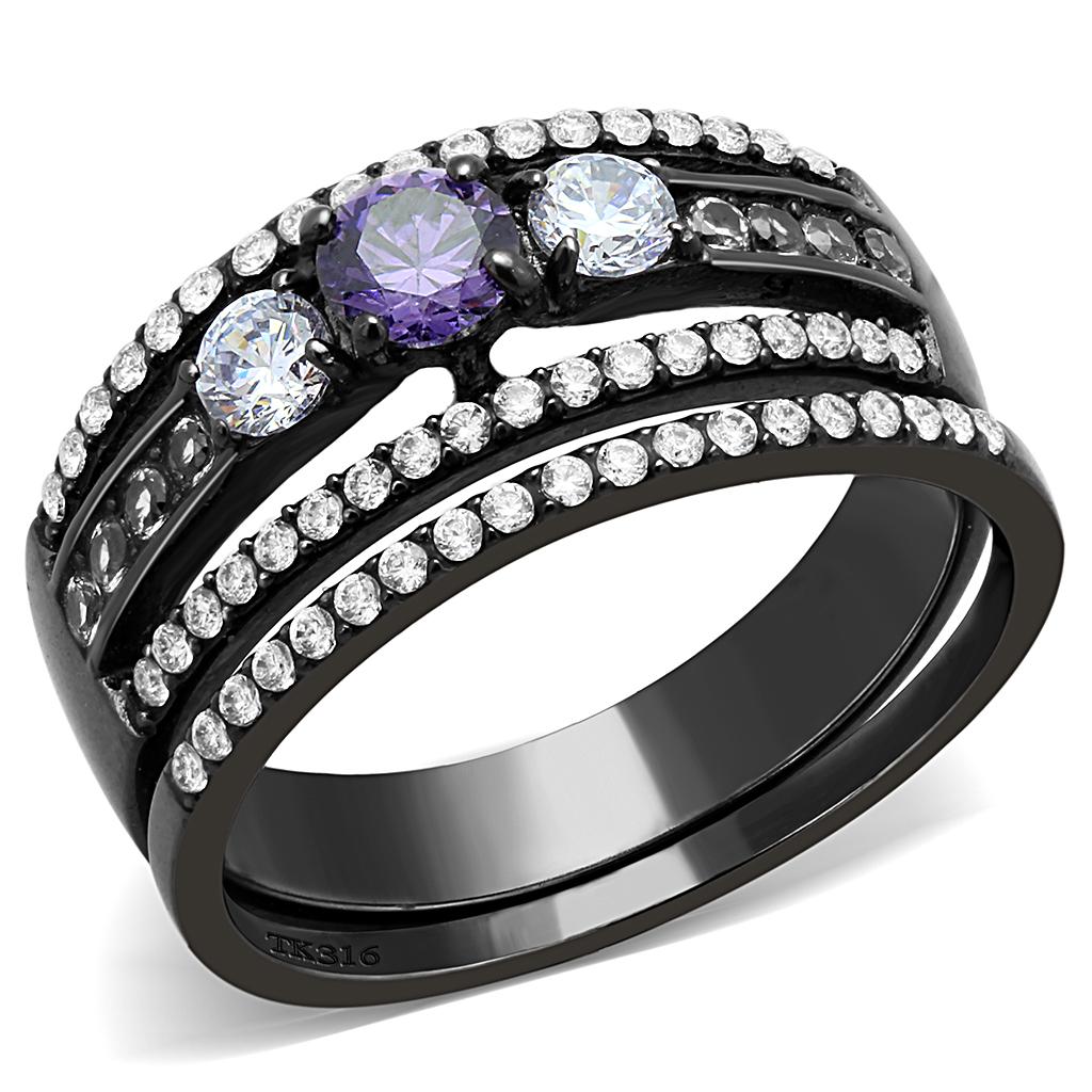 IP Black(Ion Plating) Stainless Steel Ring with AAA Grade CZ in Amethyst