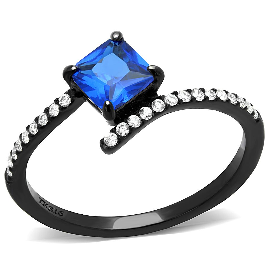 IP Black(Ion Plating) Stainless Steel Ring with Synthetic Spinel in London Blue