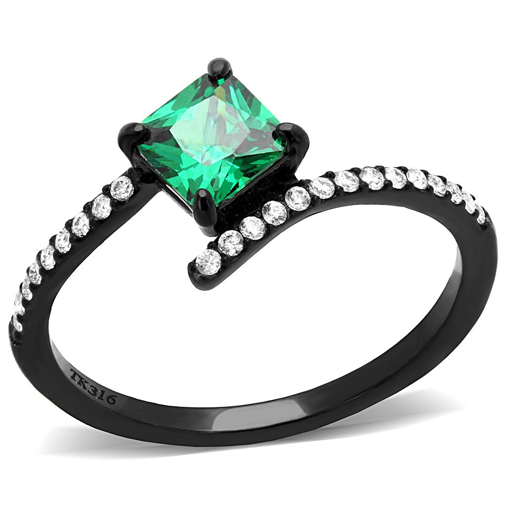IP Black(Ion Plating) Stainless Steel Ring with AAA Grade CZ in Emerald