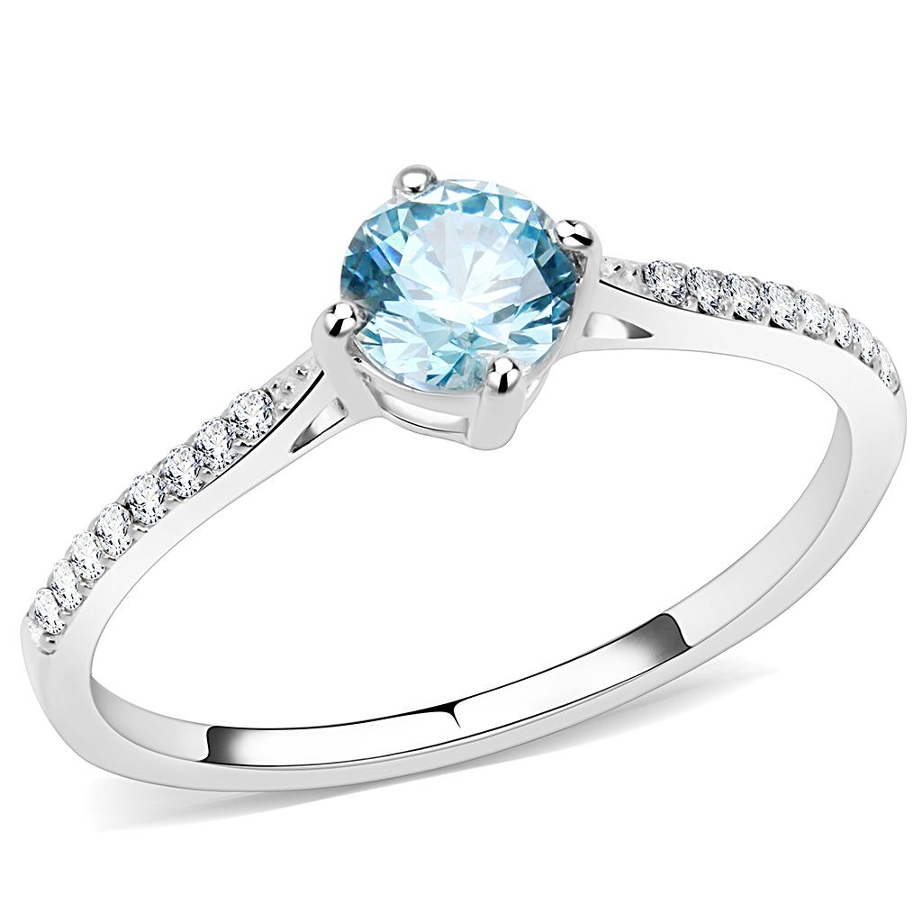 High polished (no plating) Stainless Steel Ring with AAA Grade CZ in Sea Blue