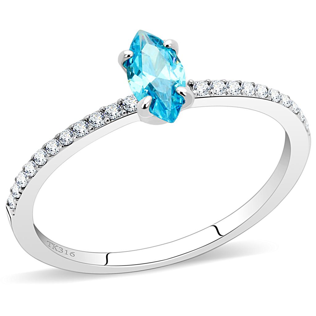 High polished (no plating) Stainless Steel Ring with AAA Grade CZ in Sea Blue