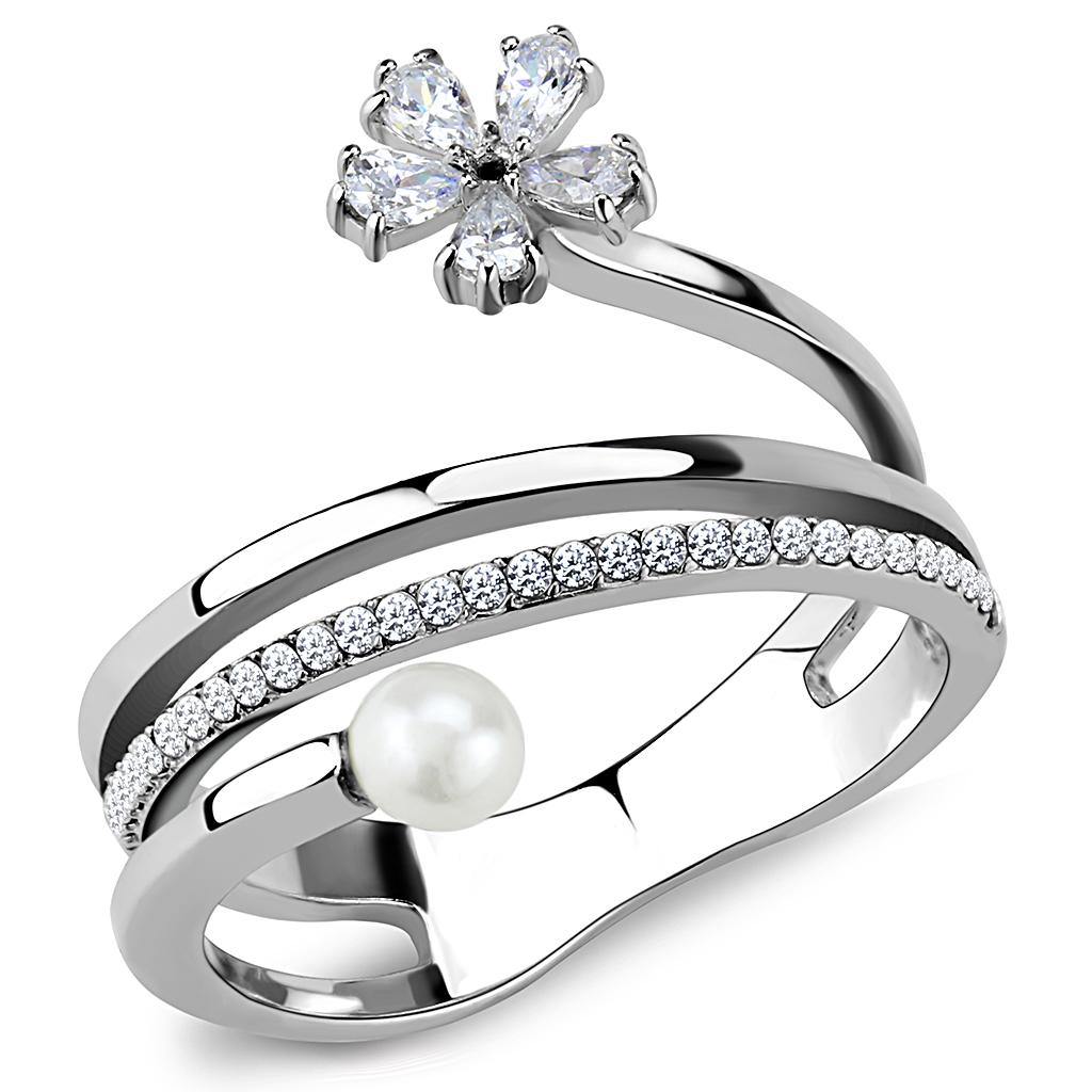High polished (no plating) Stainless Steel Ring with Synthetic Pearl in White