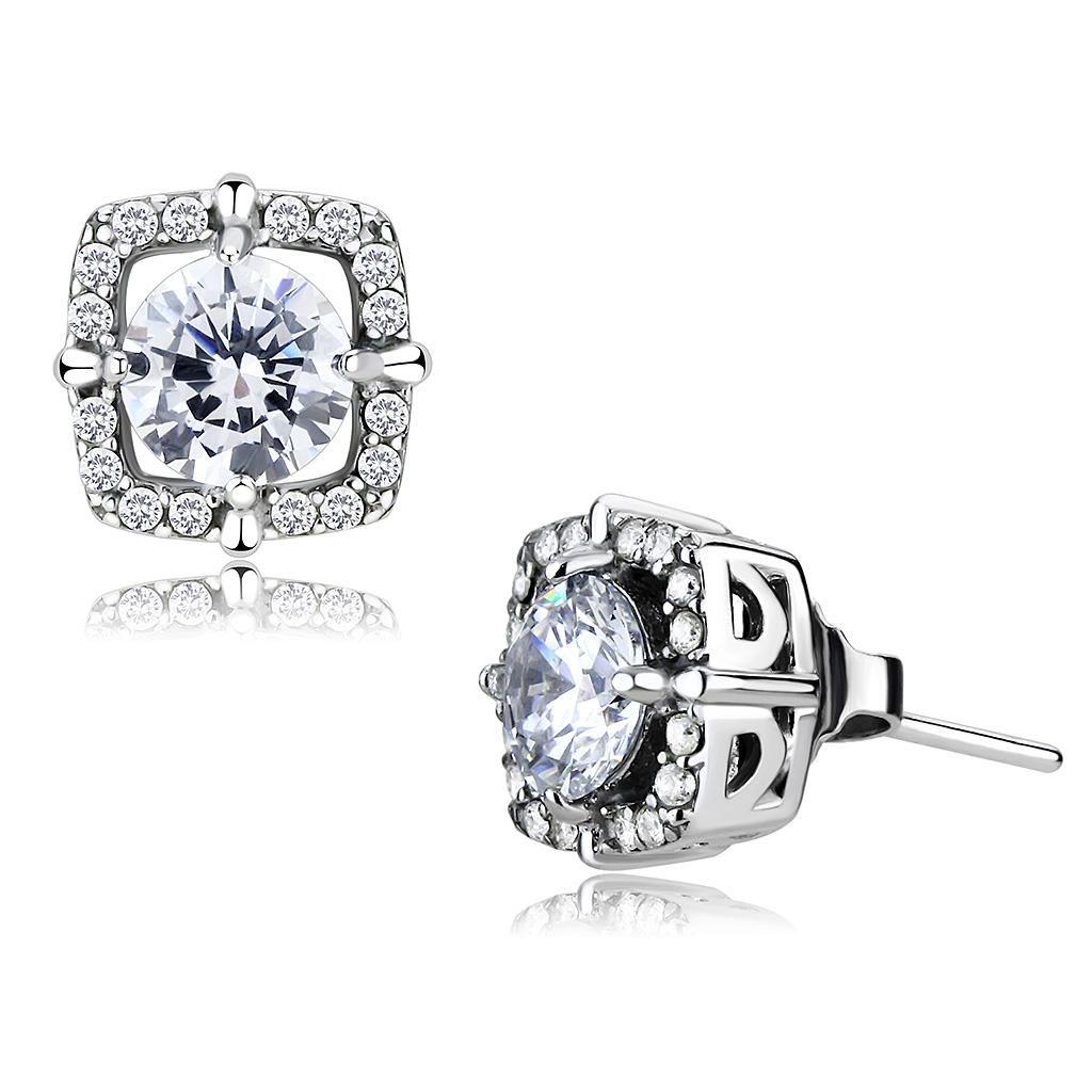 High polished (no plating) Stainless Steel Earrings with AAA Grade CZ in Clear